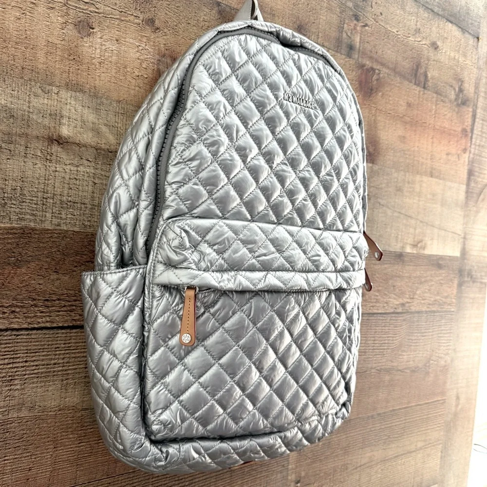MZ Wallace Silver Quilted Nylon Backpack with Tan Leather Accents